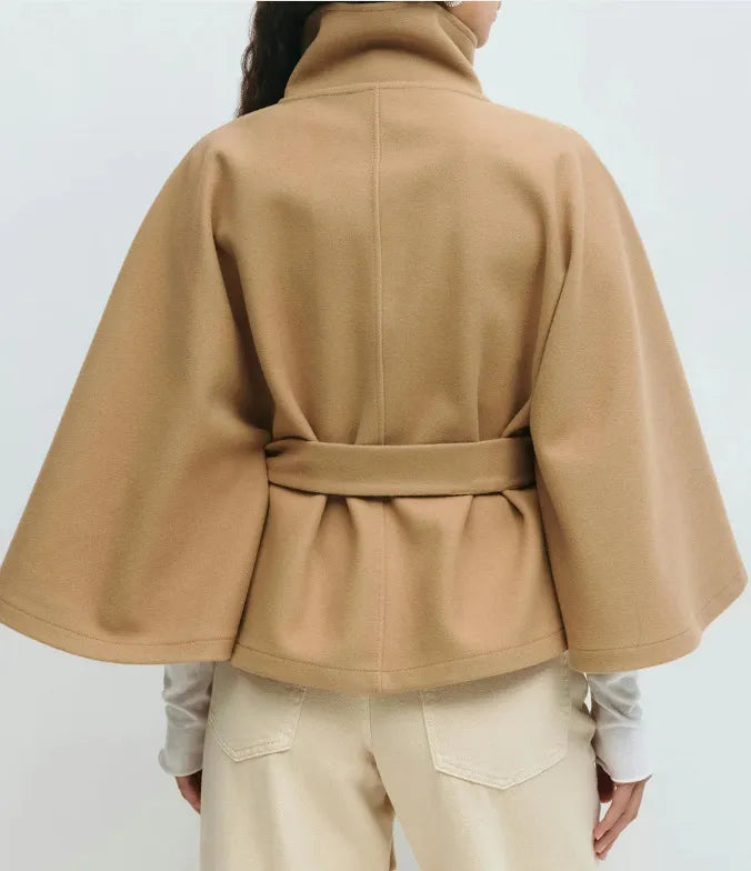 Chic women's spring belted high-neck cape coat. Ideal for elegant fashion & women's outerwear.