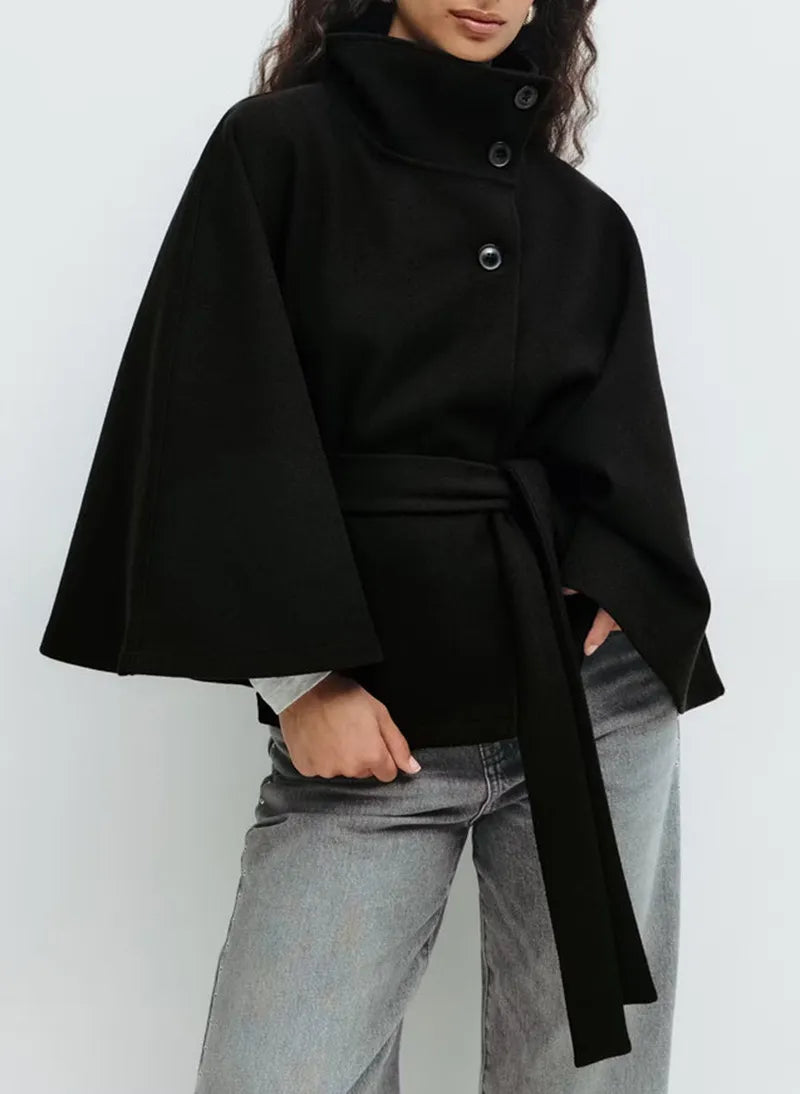 Front view of women's spring belted high-neck cape coat, showcasing its elegant design & chic style.