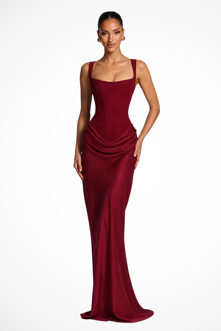 Women's elegant square neck corset maxi dress with structured bodice & draped detail, perfect for special occasions.