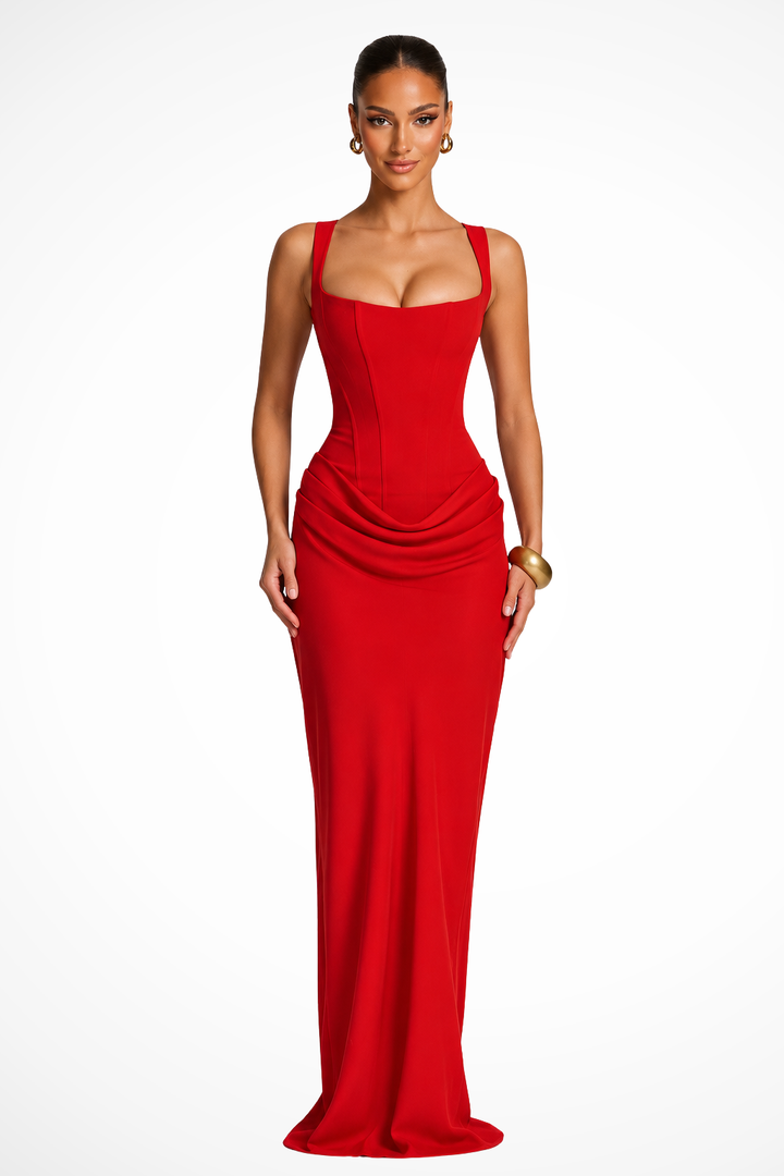 Elegant women's square neck maxi dress with a flattering structured corset bodice, perfect for formal wear.