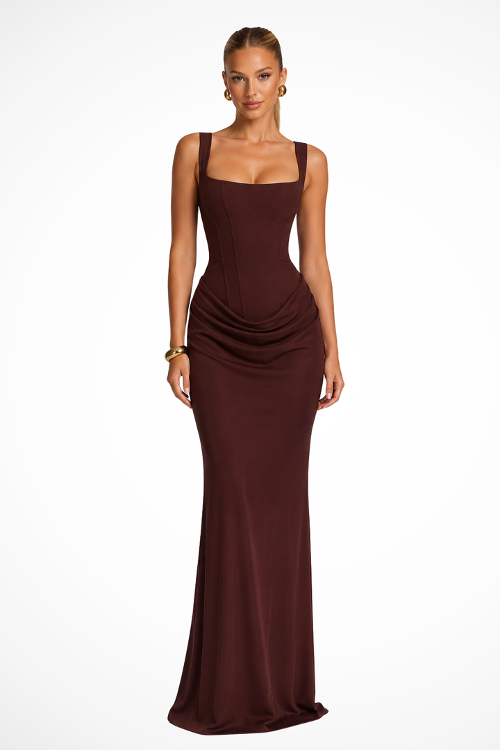 Women's square neck corset maxi dress, elegant and structured. Ideal party or special occasion wear with drapes.