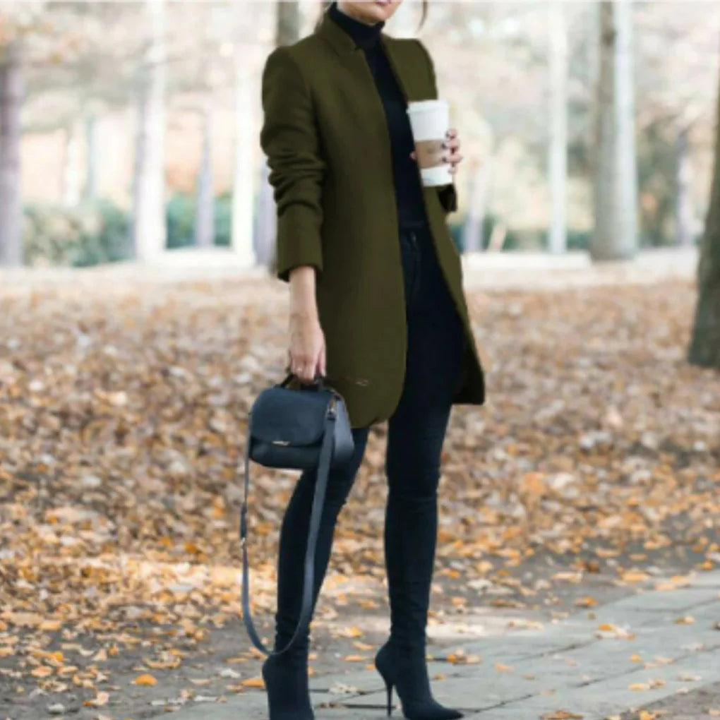 Timeless women's structured stand-collar winter coat. Elegant, warm long outerwear with button front for chic fall fashion.