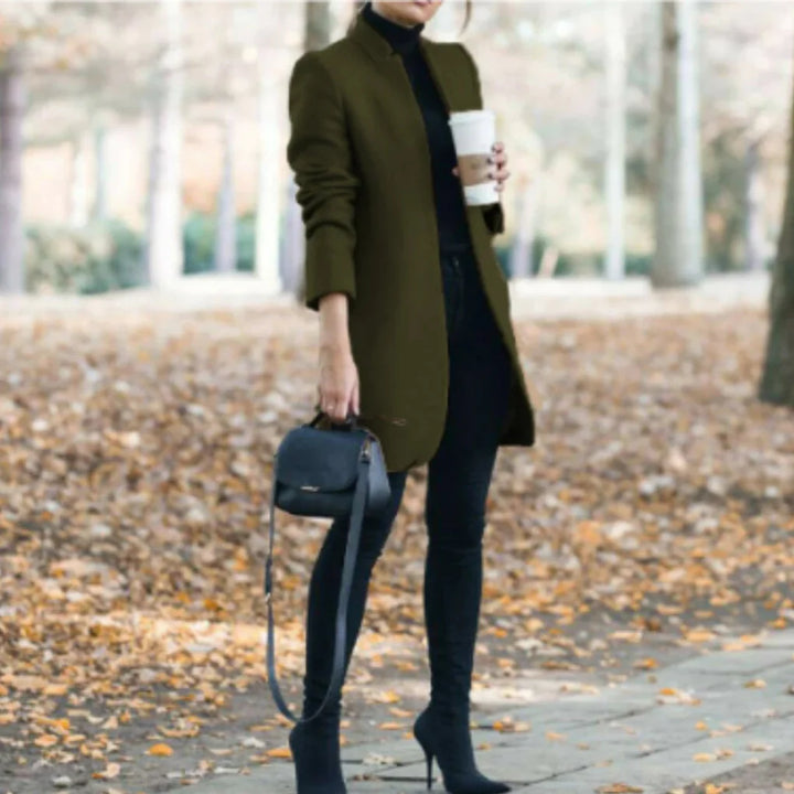 Timeless women's structured stand-collar winter coat. Elegant, warm long outerwear with button front for chic fall fashion.