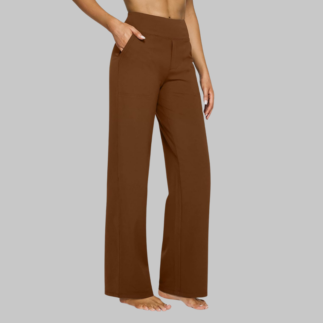 Elegant women's straight leg trousers, elastic waist for easy wear, timeless fashion.