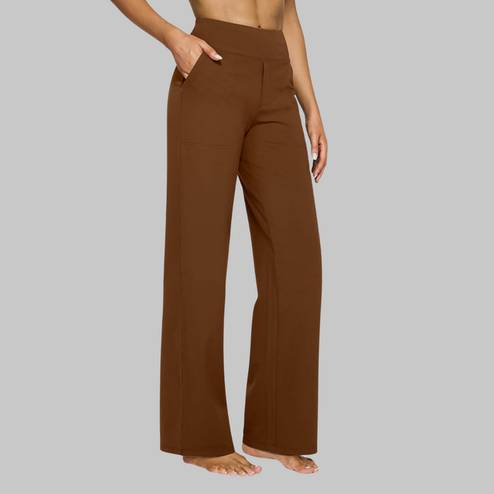 Elegant women's straight leg trousers, elastic waist for easy wear, timeless fashion.