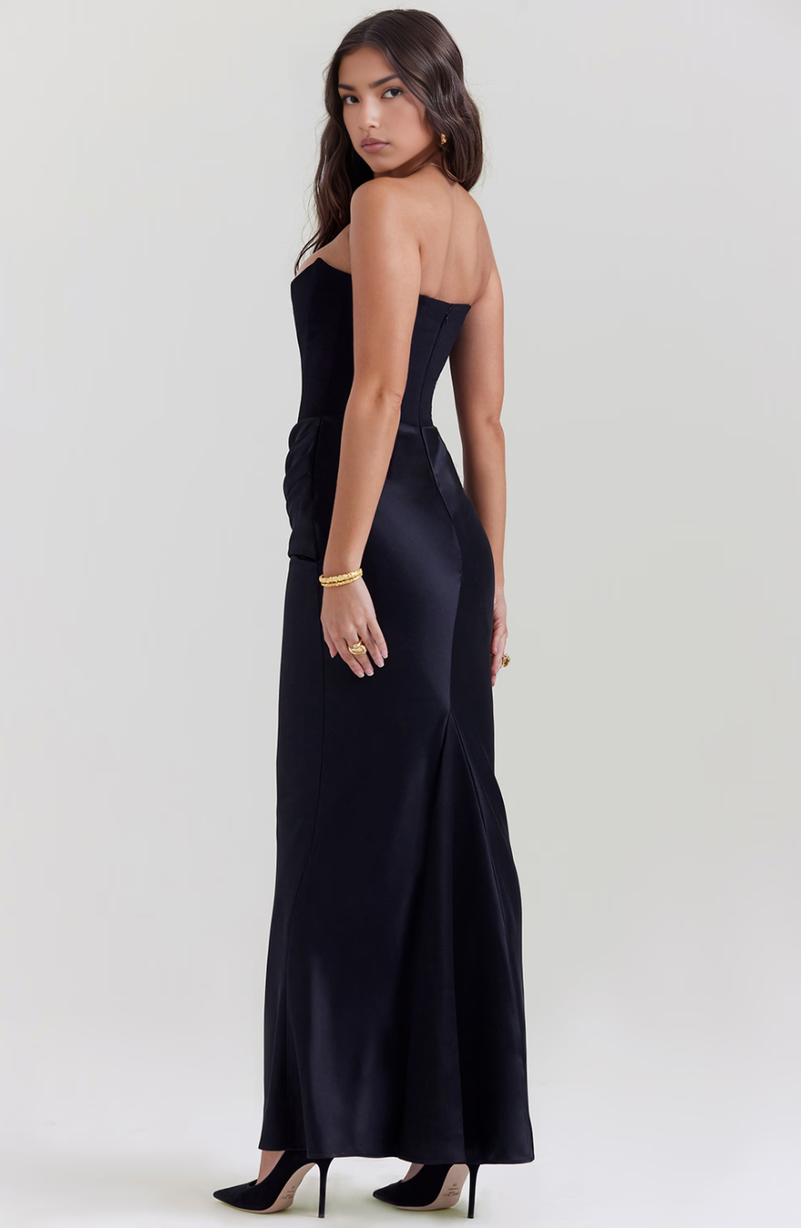 Sleek bodycon strapless maxi dress with corset detail, designed for a sculpted & flattering look.
