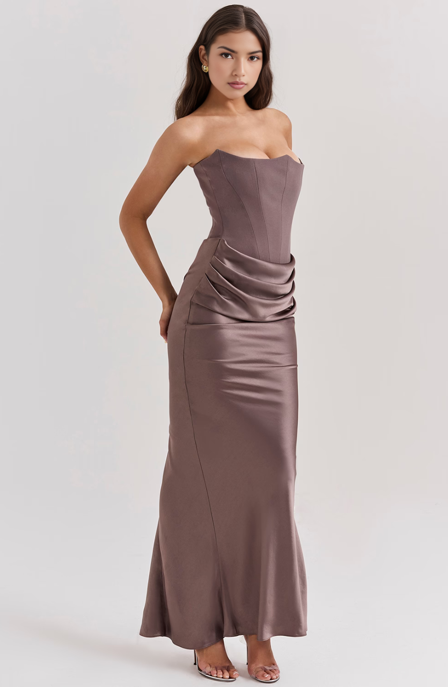 Sculpting strapless corset maxi dress, an elegant bodycon evening gown for women's special occasions.
