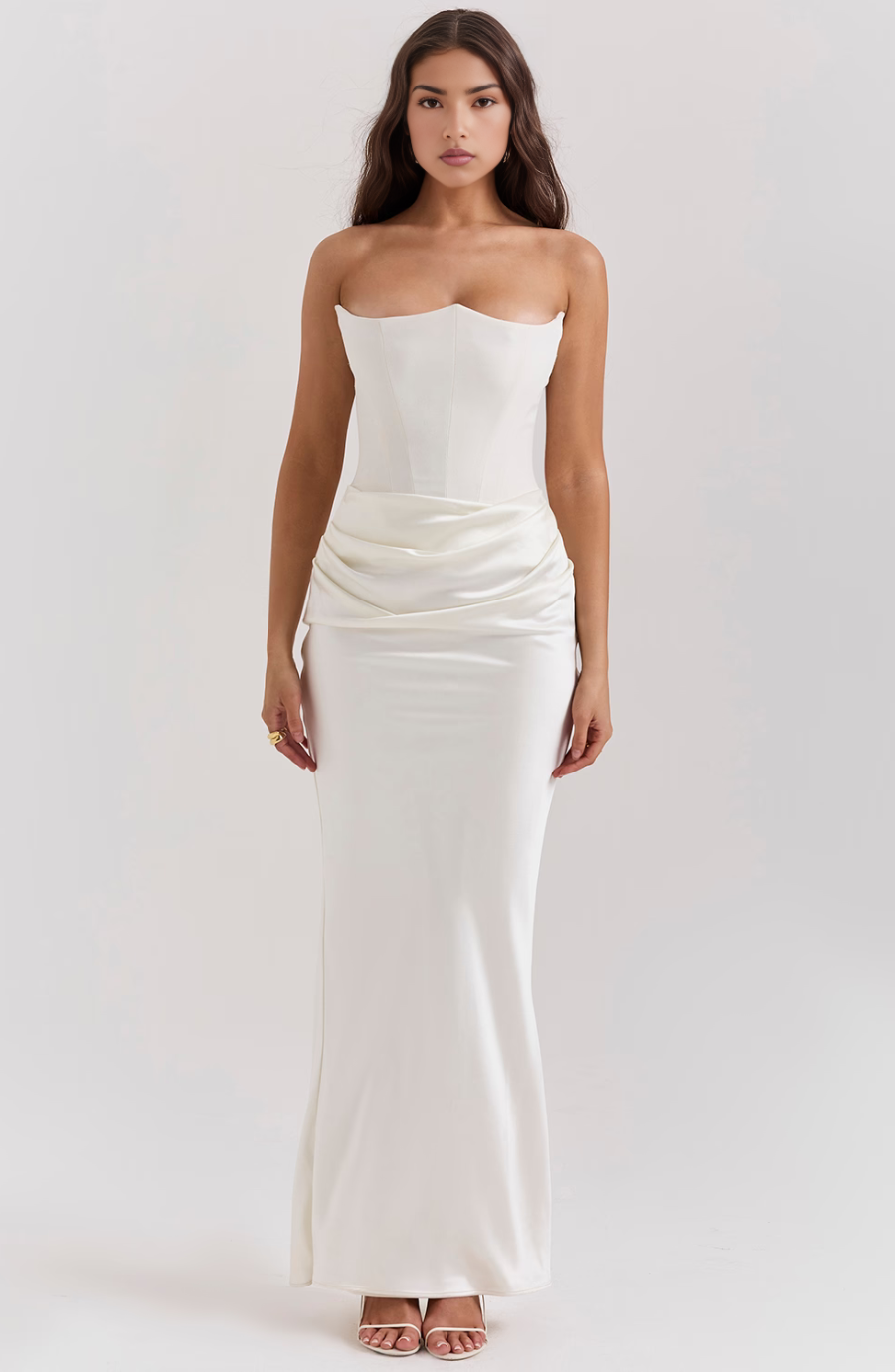 Stylish strapless party maxi dress featuring a corset top, perfect as a formal evening gown.