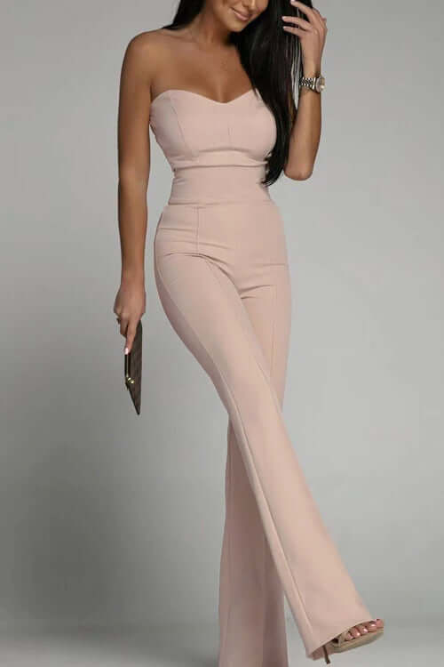 Women's elegant strapless flared leg jumpsuit for evening chic. Perfect formal party outfit.