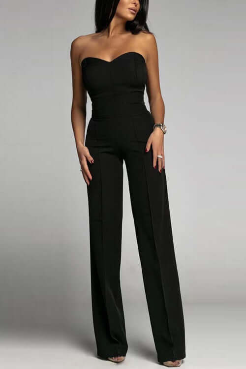 Fashionable women's strapless jumpsuit with stylish flared legs, ideal for evening events & parties.