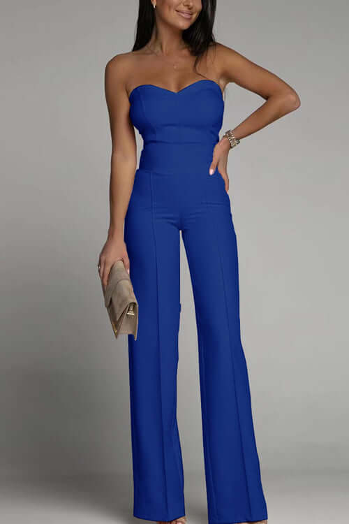 Chic women's strapless flared jumpsuit. Versatile evening wear, perfect for formal occasions & parties.
