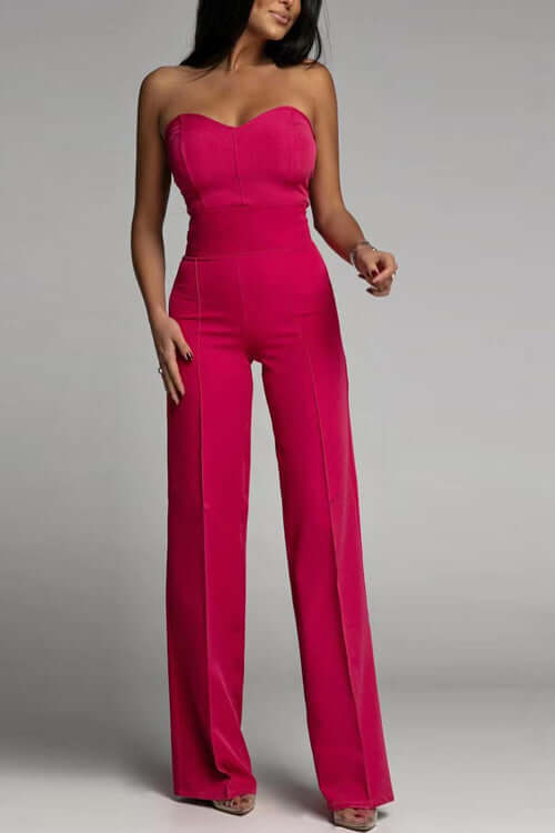 Elegant women's strapless jumpsuit, featuring a flattering flared leg. Effortless evening fashion.
