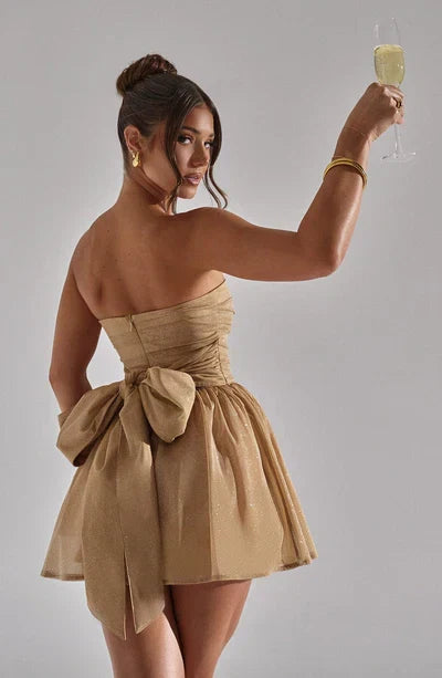 Shimmering strapless A-line dress, a chic glitter mini for elegant evening events.