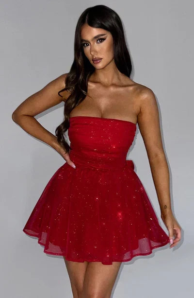 Women's glitter strapless mini party dress with an elegant A-line silhouette.