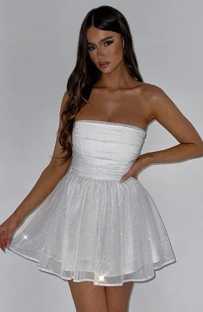 Dazzling sparkle A-line mini dress, strapless and elegant for women's evening wear.
