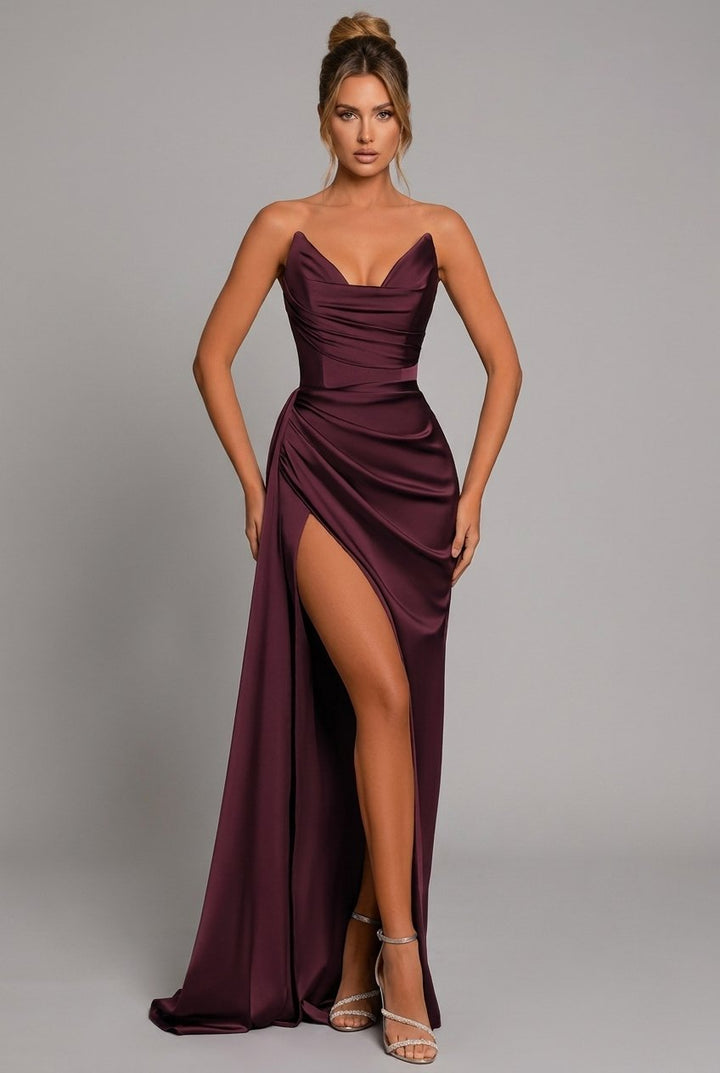 Women's elegant strapless maxi dress with ruched bodice, high slit. Perfect evening gown for special occasions.