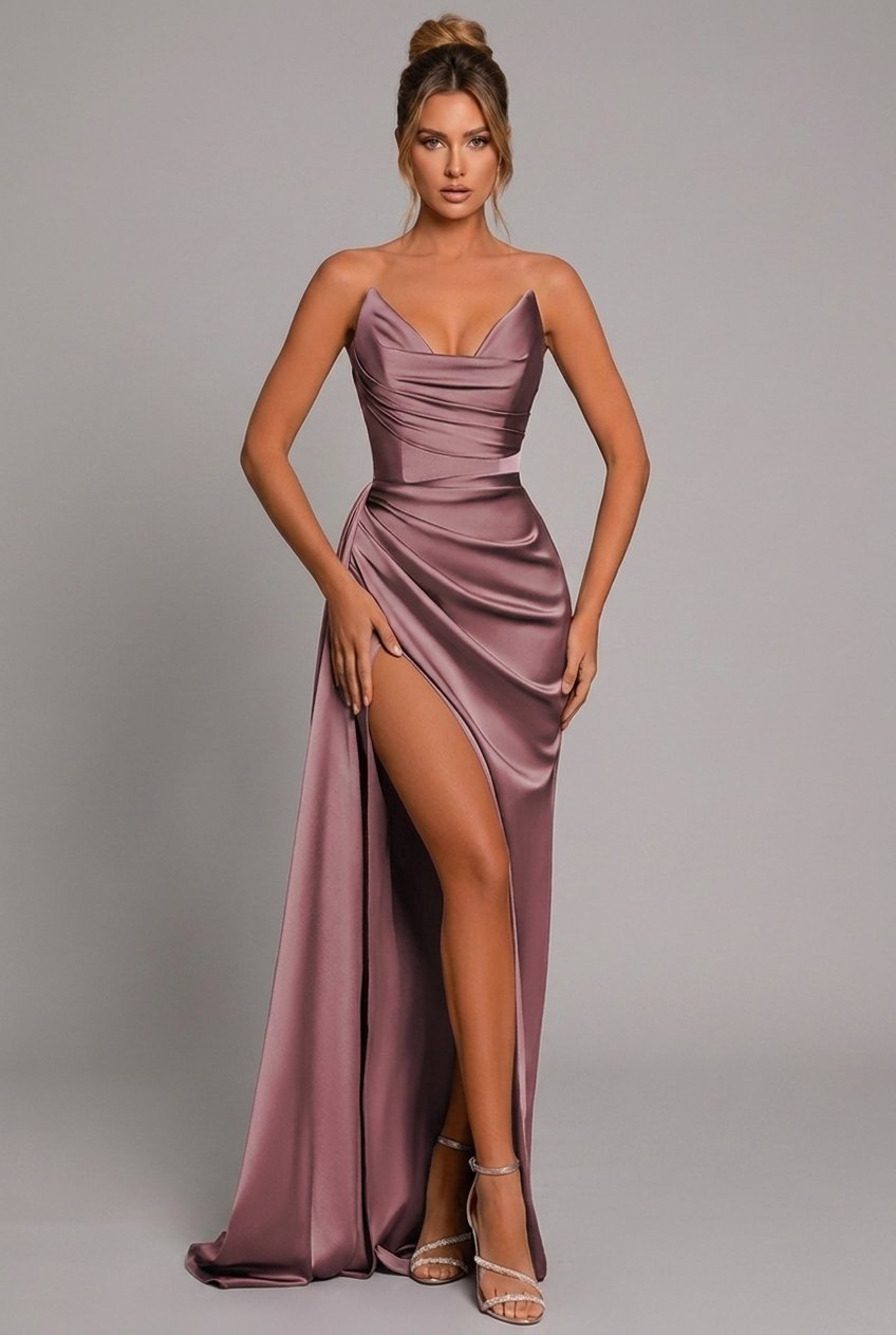 Floor-length strapless ruched maxi dress for women, featuring a flattering high slit. Ideal formal evening wear.