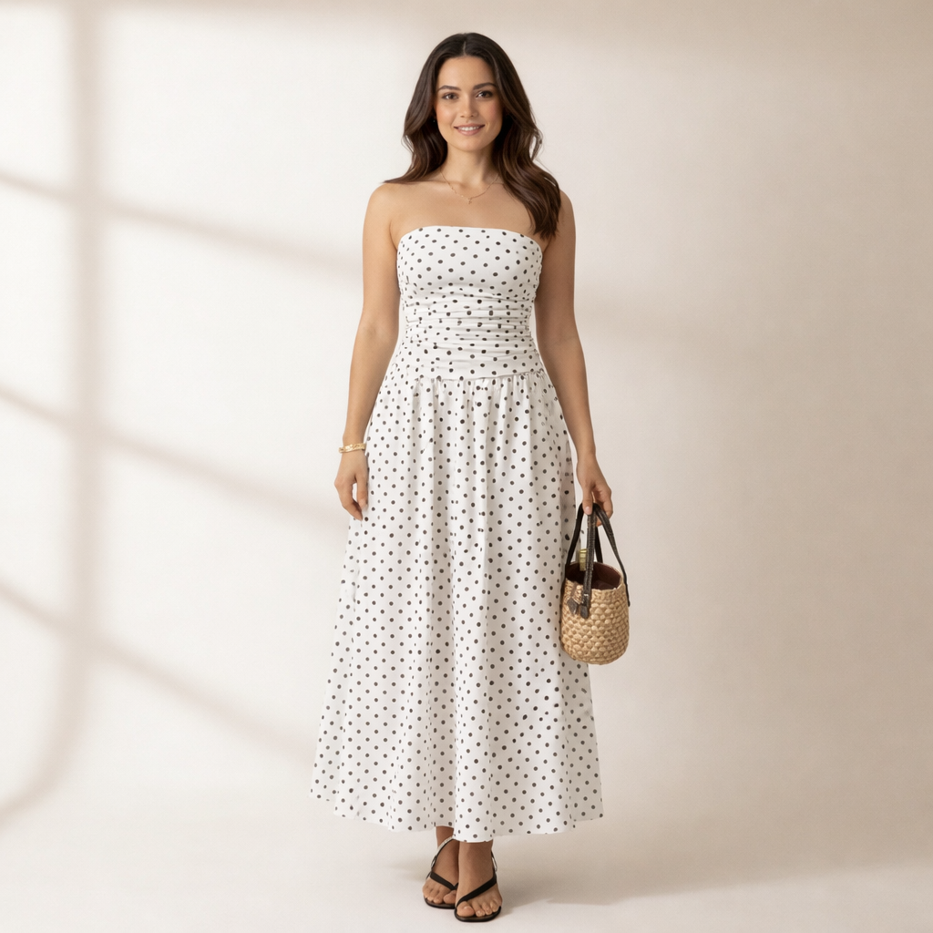 Women's elegant strapless polka dot maxi dress, perfect for summer occasions or versatile casual wear.