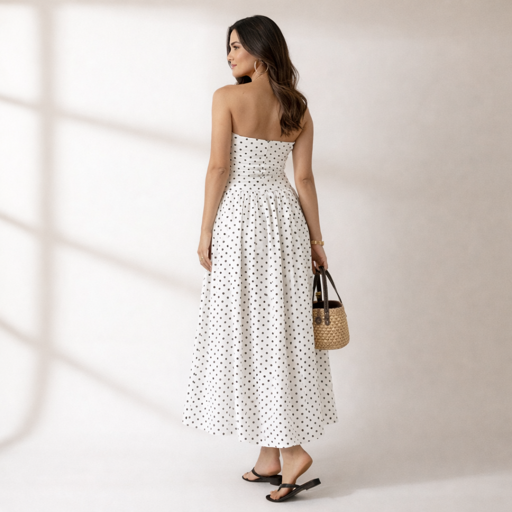 Stylish women's strapless polka dot maxi dress, ideal for elegant occasions or a chic summer casual look.