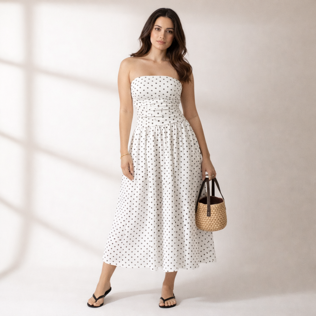 Comfortable women's strapless polka dot maxi dress, a fashionable choice for summer, parties, or day wear.