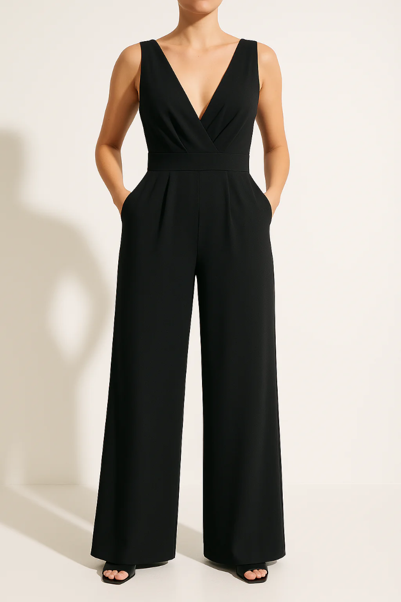 Fashionable women's summer jumpsuit featuring a flattering high waist & wide leg design. Elegant & versatile one-piece for chic style.