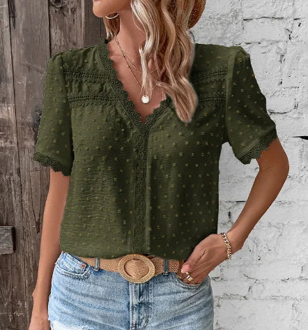 Chic women's V-neck blouse featuring Swiss dots & lace detailing, a versatile top for casual or office wear.