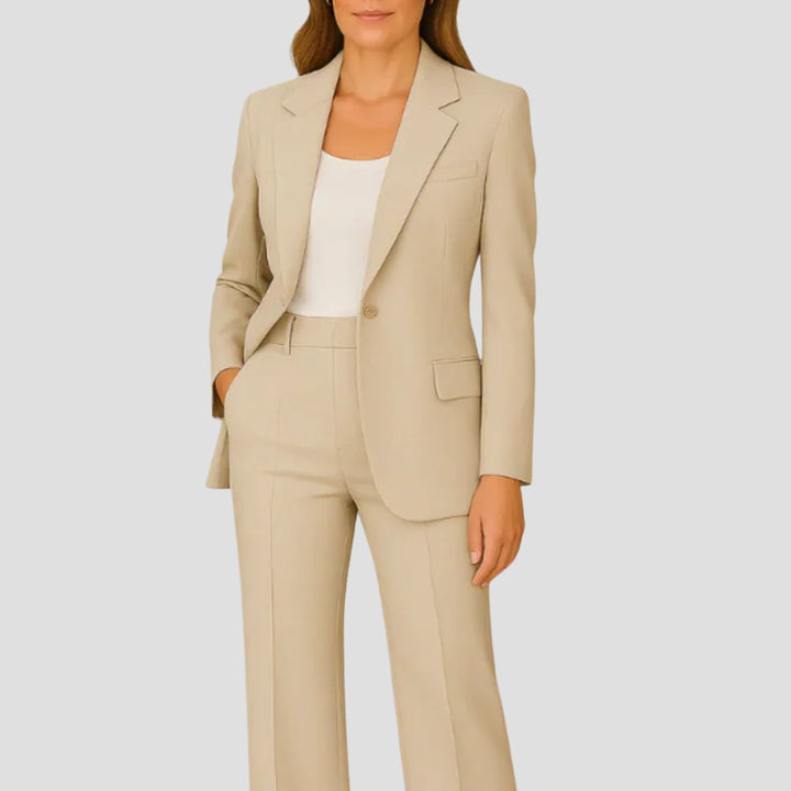 Women's elegant tailored blazer and straight-leg trousers two-piece set for professional business attire.