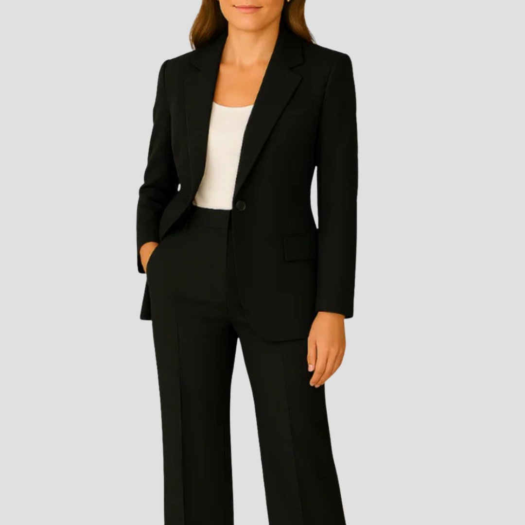 Sophisticated women's tailored blazer and straight-leg pants set, perfect for business and elegant occasions.