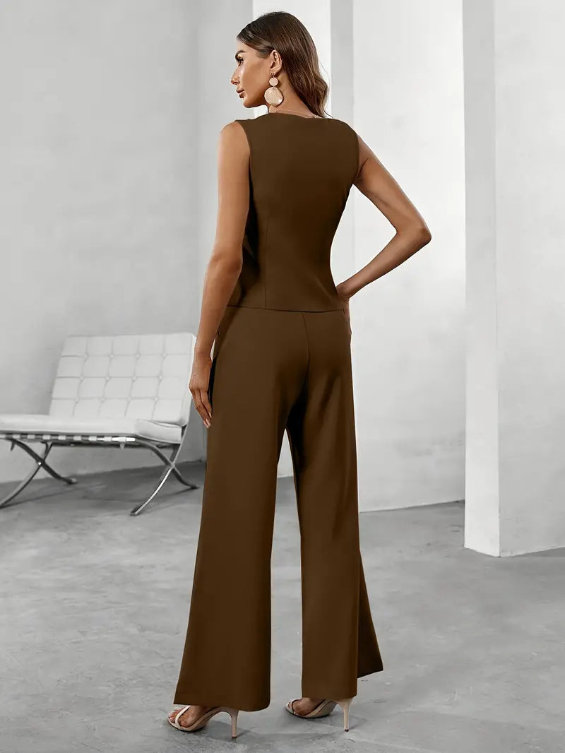 Beige women's tailored blazer & matching trousers. Elegant two-piece formal suit for office & business attire.