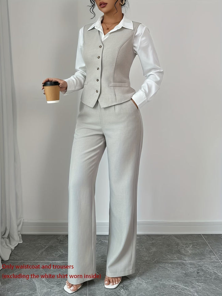 Women's elegant tailored high-waist trousers & single-breasted vest set. Perfect professional business attire.