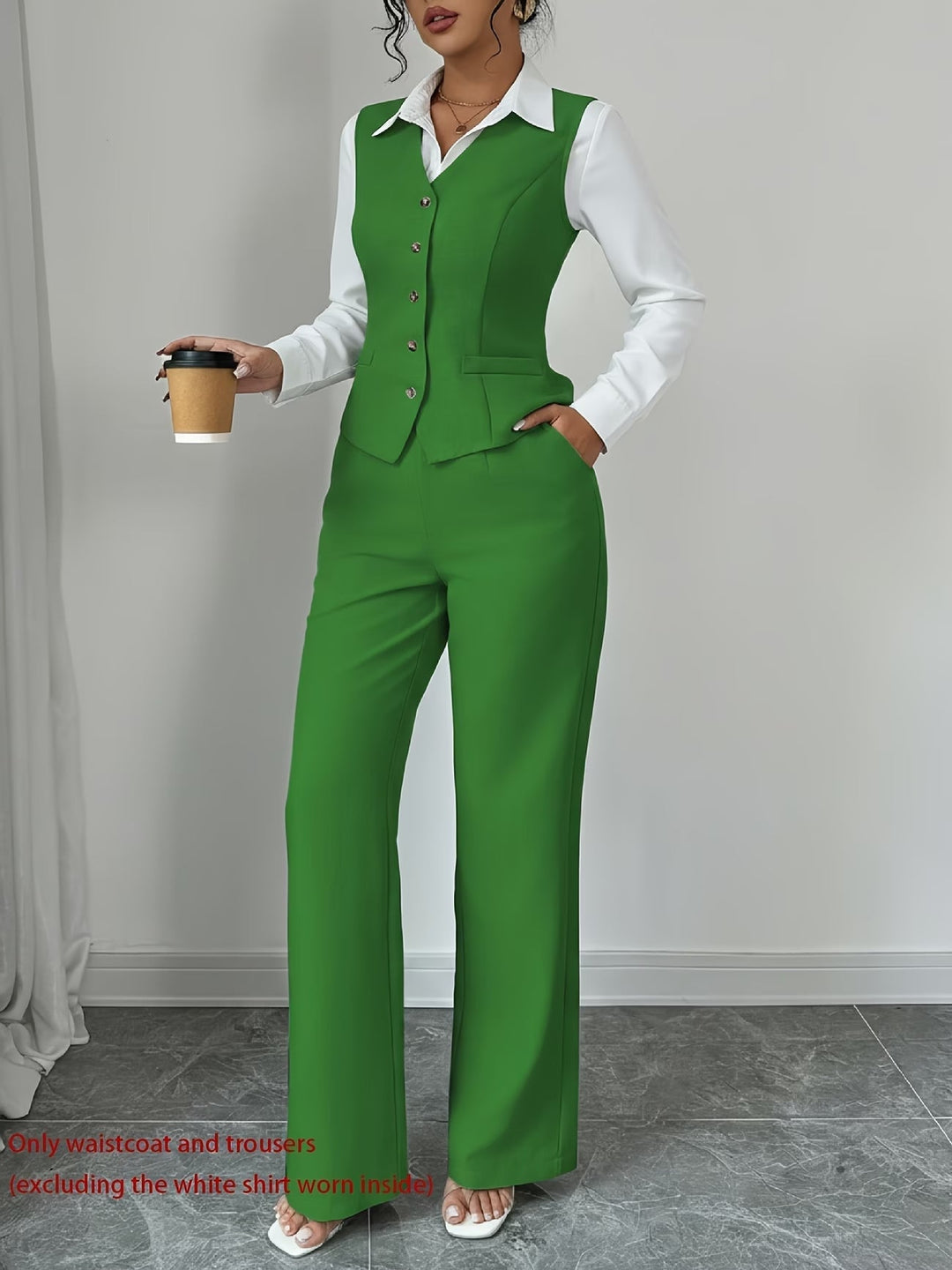 Women's professional high-waist trousers and single-breasted vest set, showing tailored fit and elegant design.