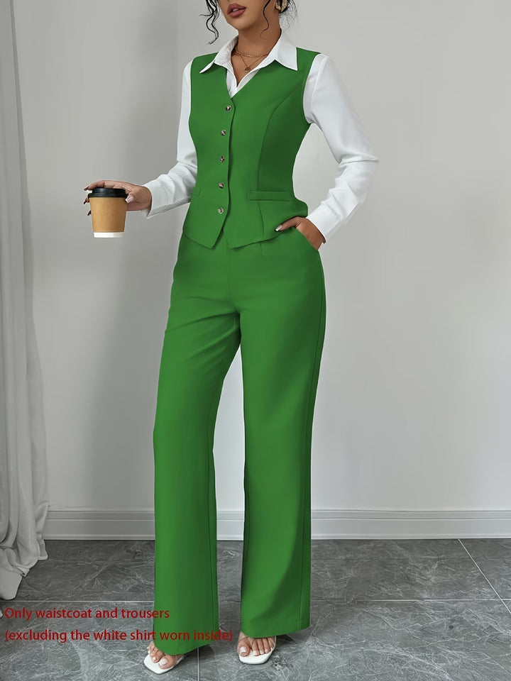 Women's professional high-waist trousers and single-breasted vest set, showing tailored fit and elegant design.