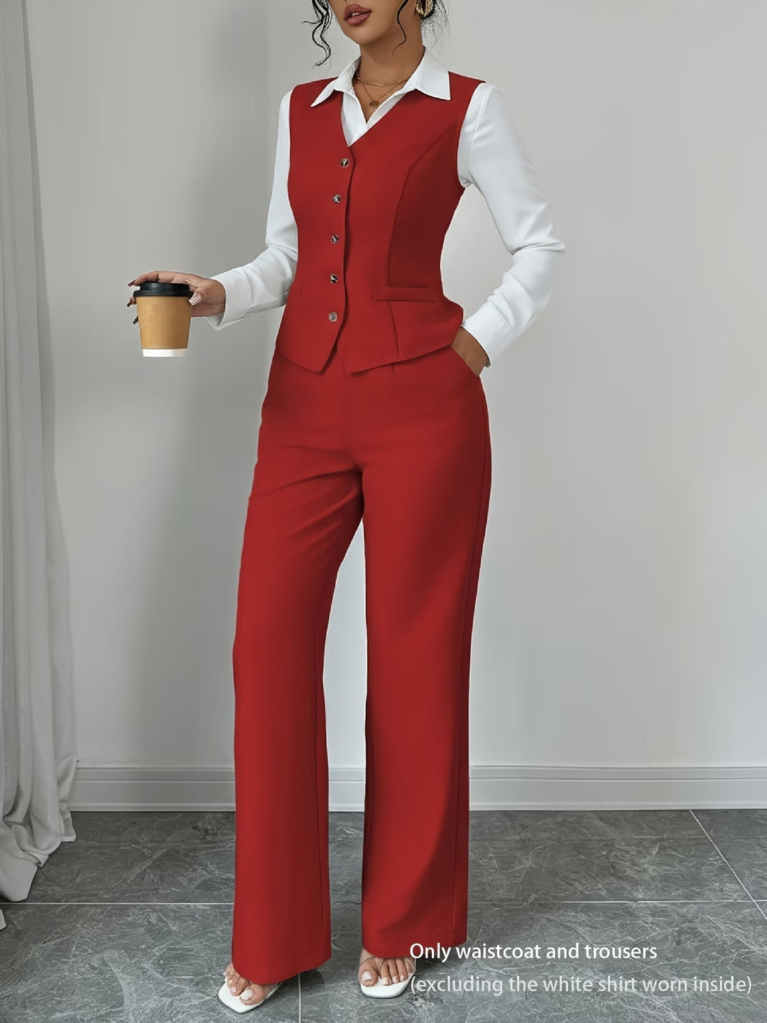 Stylish women's high-waist tailored trousers & single-breasted vest set for a modern, professional look.
