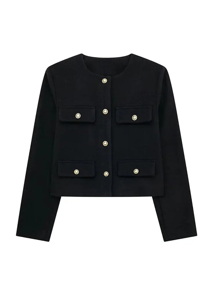 Modern women's textured cropped jacket. Round neck, button-up, elegant style for versatile layering.