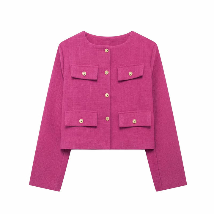Stylish women's textured button-up cropped jacket. Smart casual, chic, and a versatile layering piece.