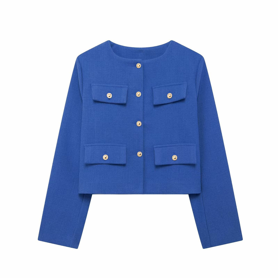 Women's round neck textured cropped jacket. Elegant button-up design for modern fall/spring fashion.