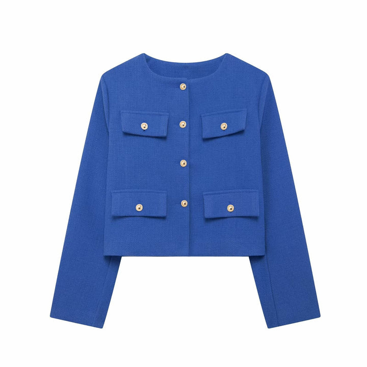 Women's round neck textured cropped jacket. Elegant button-up design for modern fall/spring fashion.