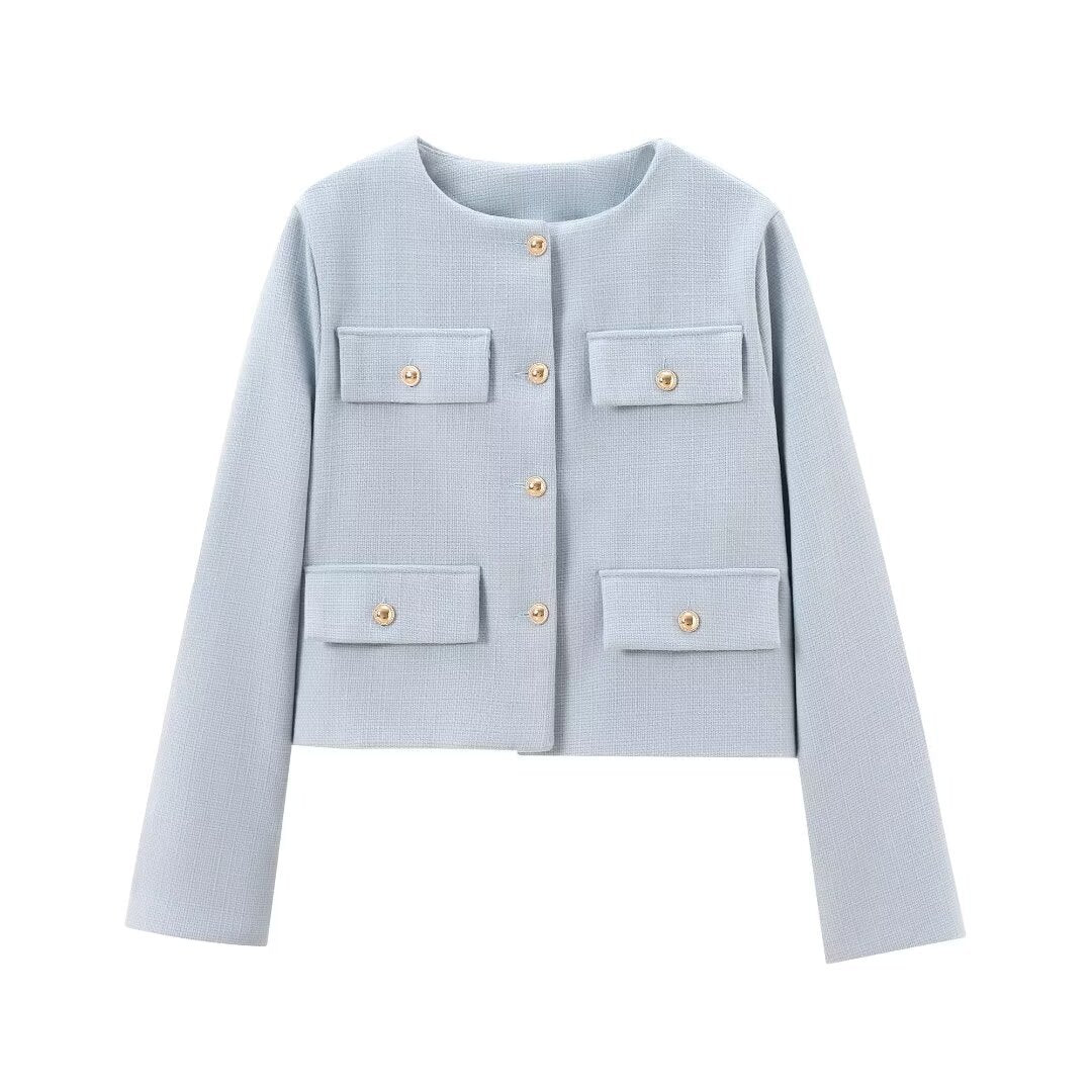 Versatile women's cropped jacket. Elegant textured, button-up, perfect for smart casual & layering.