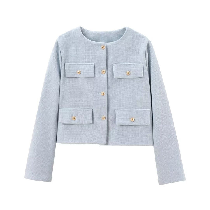 Versatile women's cropped jacket. Elegant textured, button-up, perfect for smart casual & layering.