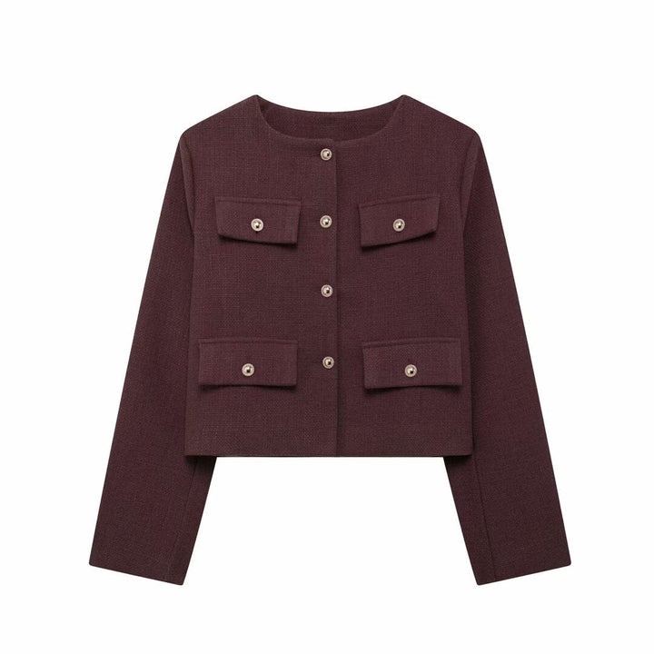 Women's modern cropped blazer. Textured, button-up, round neck, ideal for elegant spring/fall fashion.