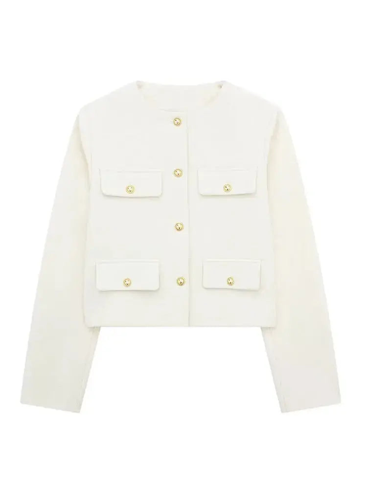 Elegant women's fall fashion: Textured button-up cropped jacket. A modern and chic layering blazer.
