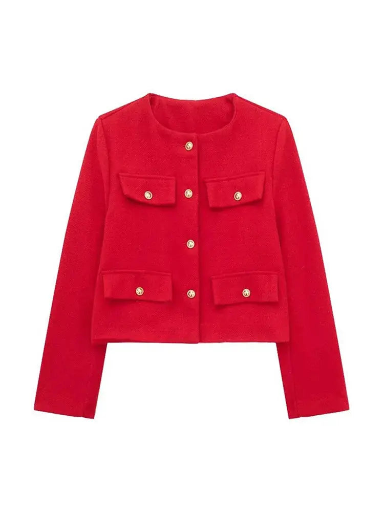 Spring outerwear: Women's textured cropped jacket. Button-up design, adding elegance to any outfit.