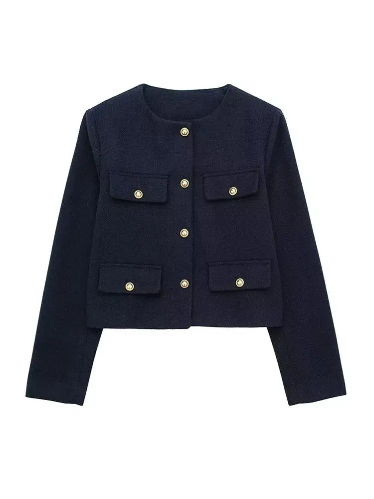 Textured women's cropped jacket, button-up front. Chic, elegant, and perfect for smart casual wear.