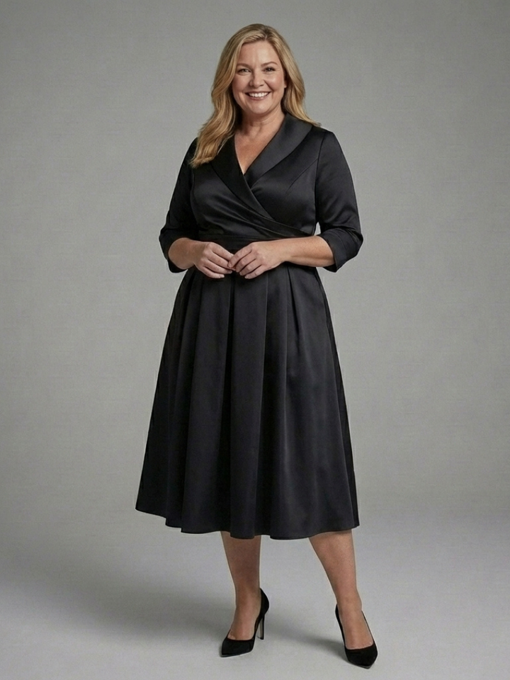 Elegant women's midi dress with three-quarter sleeves, showcasing the stylish wrap bodice and skirt.