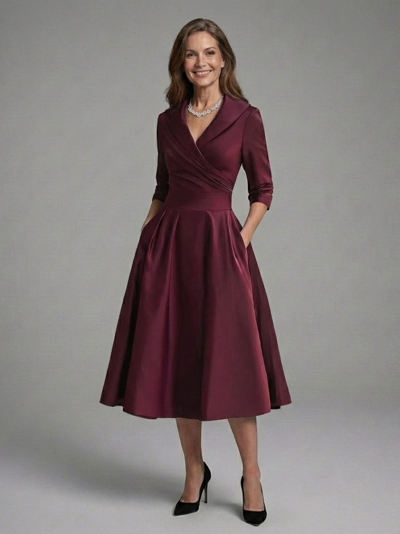 Chic women's wrap dress, midi length, with three-quarter sleeves and a sophisticated flared skirt.