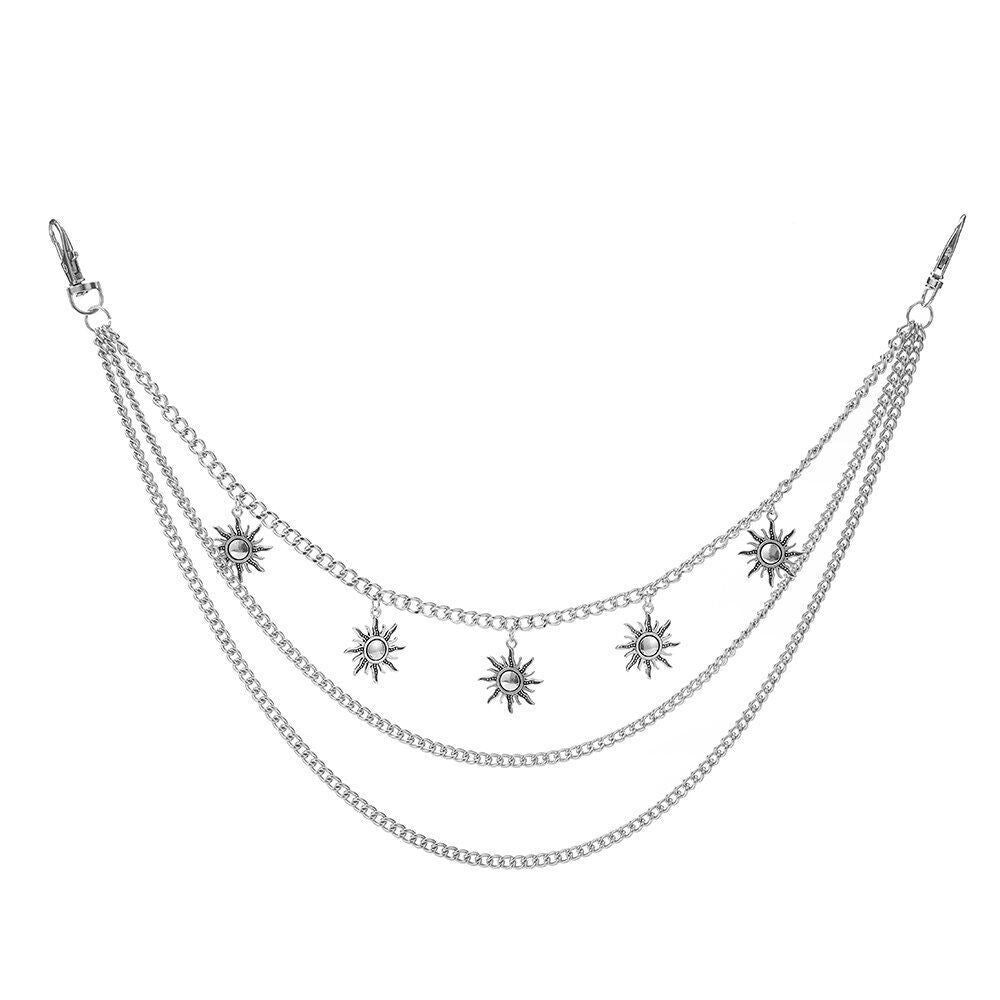 Stylish women's sun motif triple chain layered necklace, an elegant accessory & perfect gift.