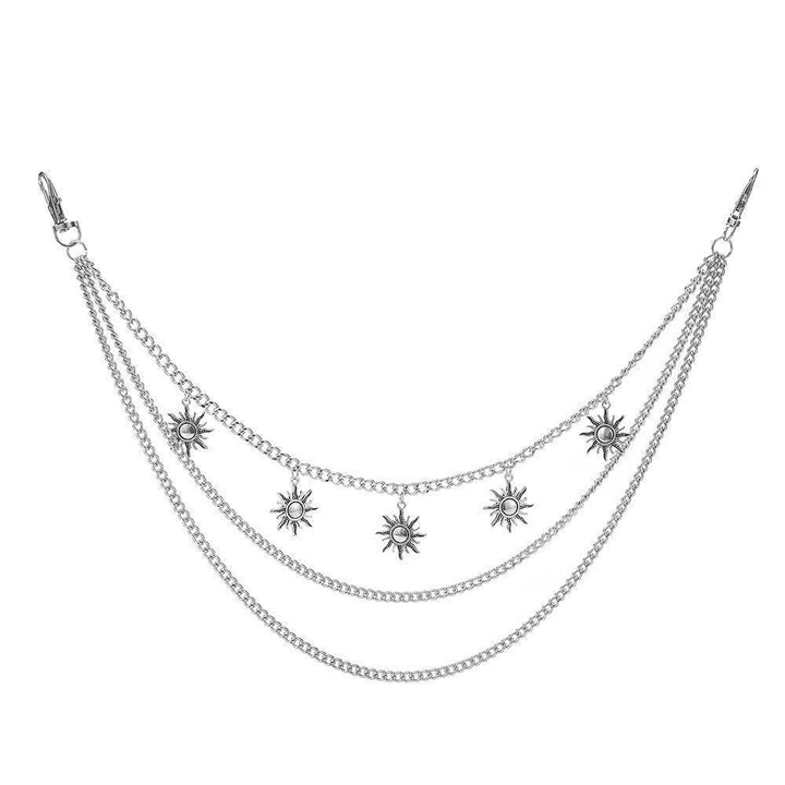 Stylish women's sun motif triple chain layered necklace, an elegant accessory & perfect gift.
