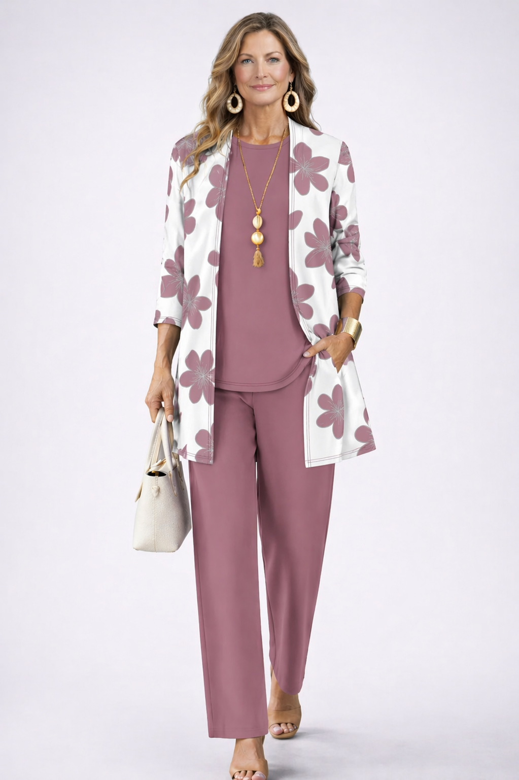Women's elegant twilight pink 3-piece loungewear set. Comfortable, relaxed fit, perfect for spring/summer casual style.