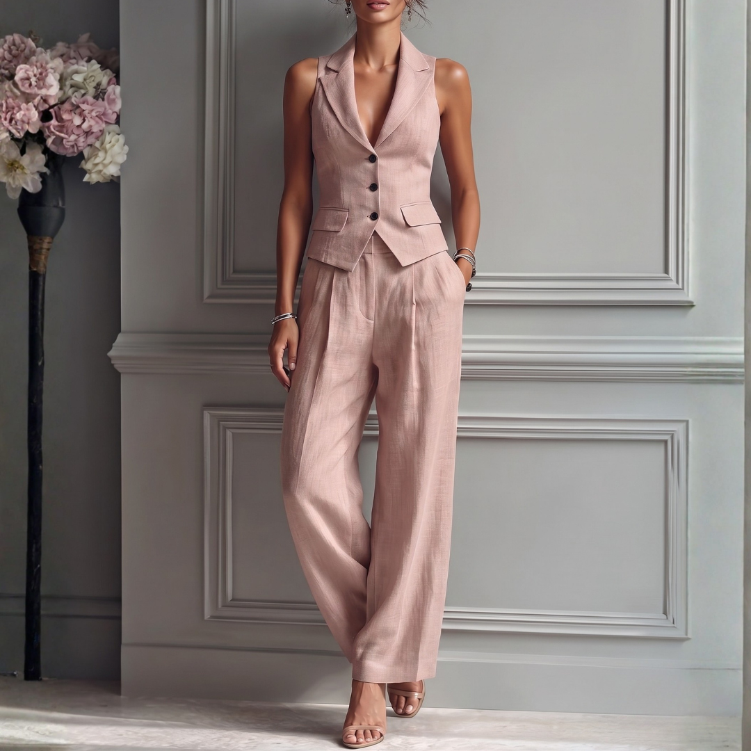 Women's elegant two-piece set: sleeveless tailored vest & high-waist wide-leg pants. Smart casual fashion.