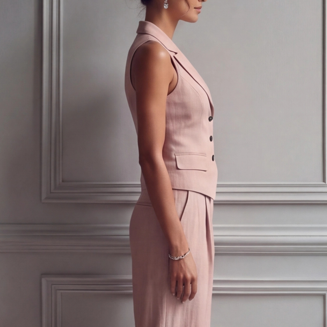 Versatile women's two-piece workwear: sleeveless vest & high-waist wide-leg pants. Ideal for office or events.